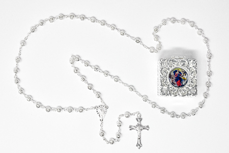 Mary Undoer of Knots Silver Rosary Box.